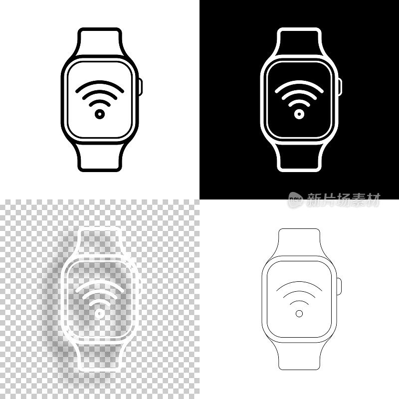 Smartwatch wifi。图标设计。空白，白色和黑色背景-线图标